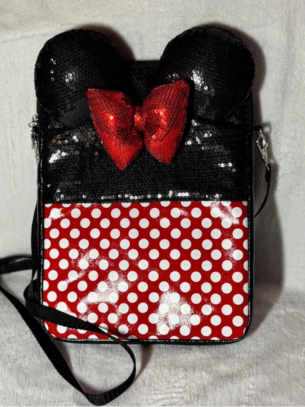 Disney Parks Minnie Mouse Red Black Sparkle Sequin Padded Crossbody IPad/Tablet